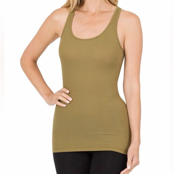Zenana - Olive Ribbed Razor Back Tank Top - Picture 5 of 12